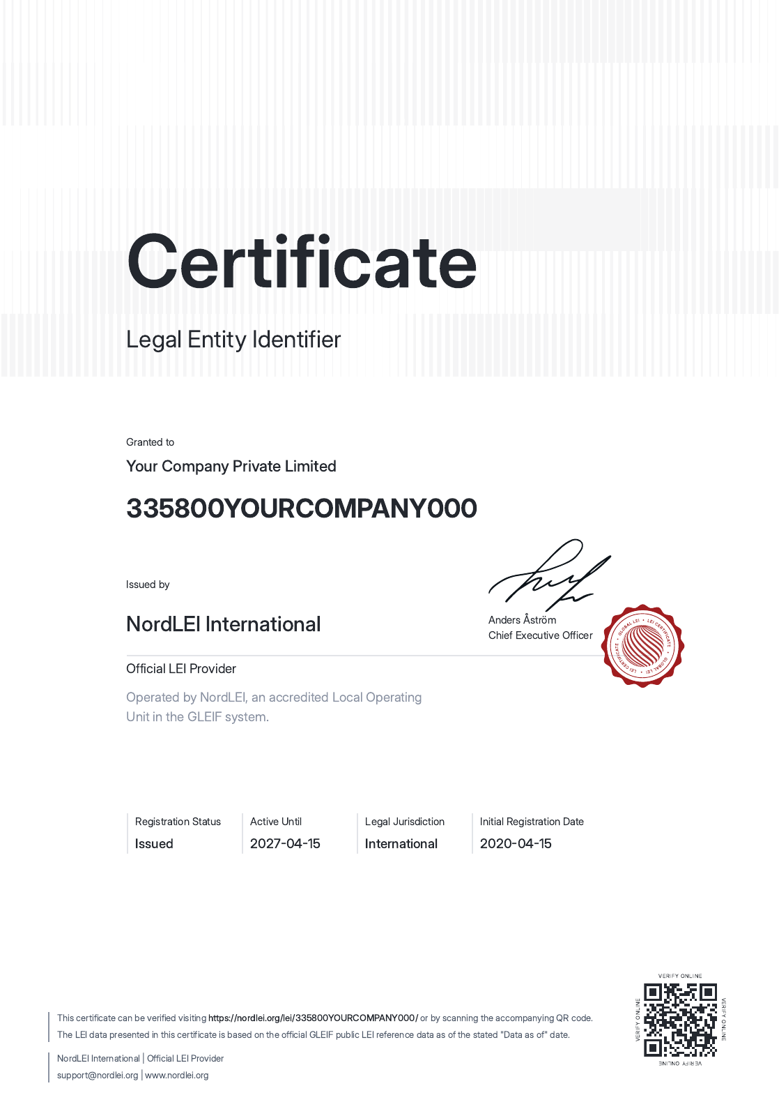 First page of the NordLEI Premium LEI Certificate