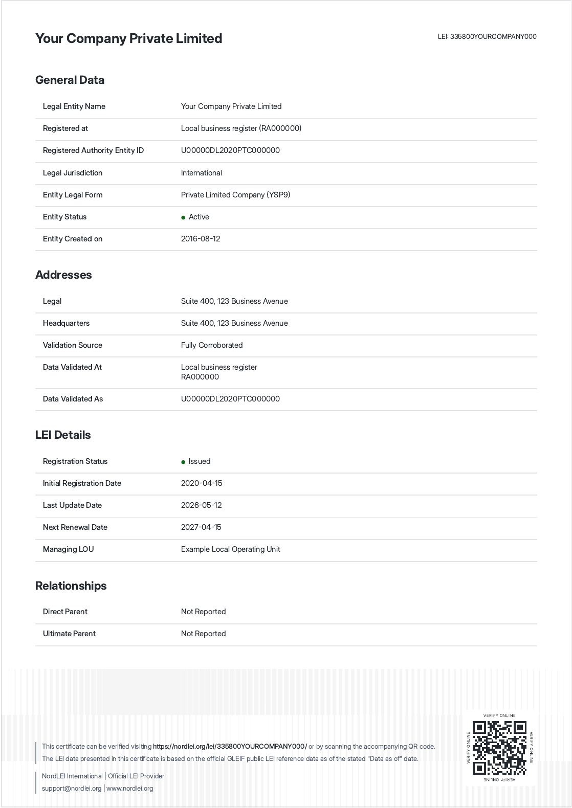 Second page of the NordLEI Premium LEI Certificate